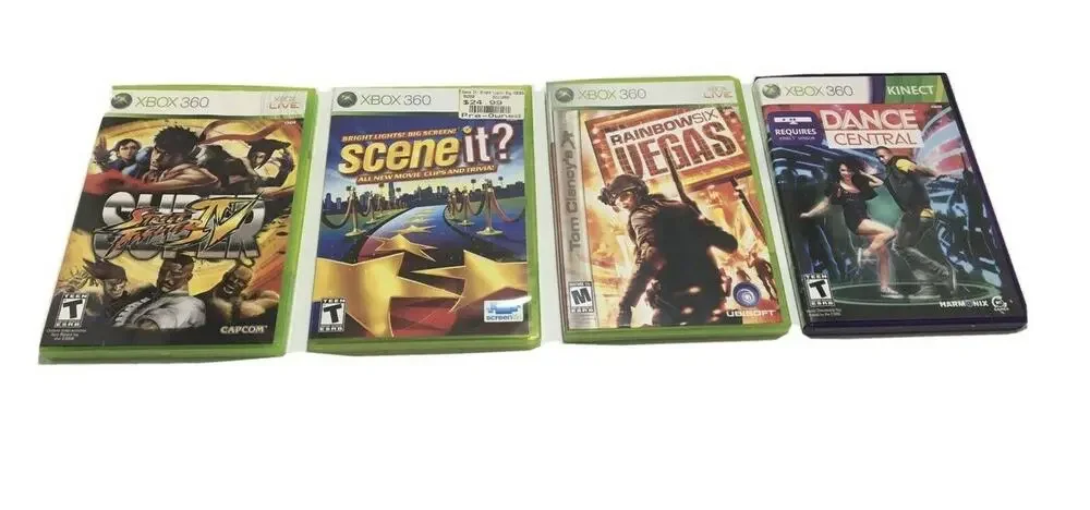 Xbox 360 4 Game Lot- Scene it? Street Fighter 4, RainbowSix Vegas, Dance Central